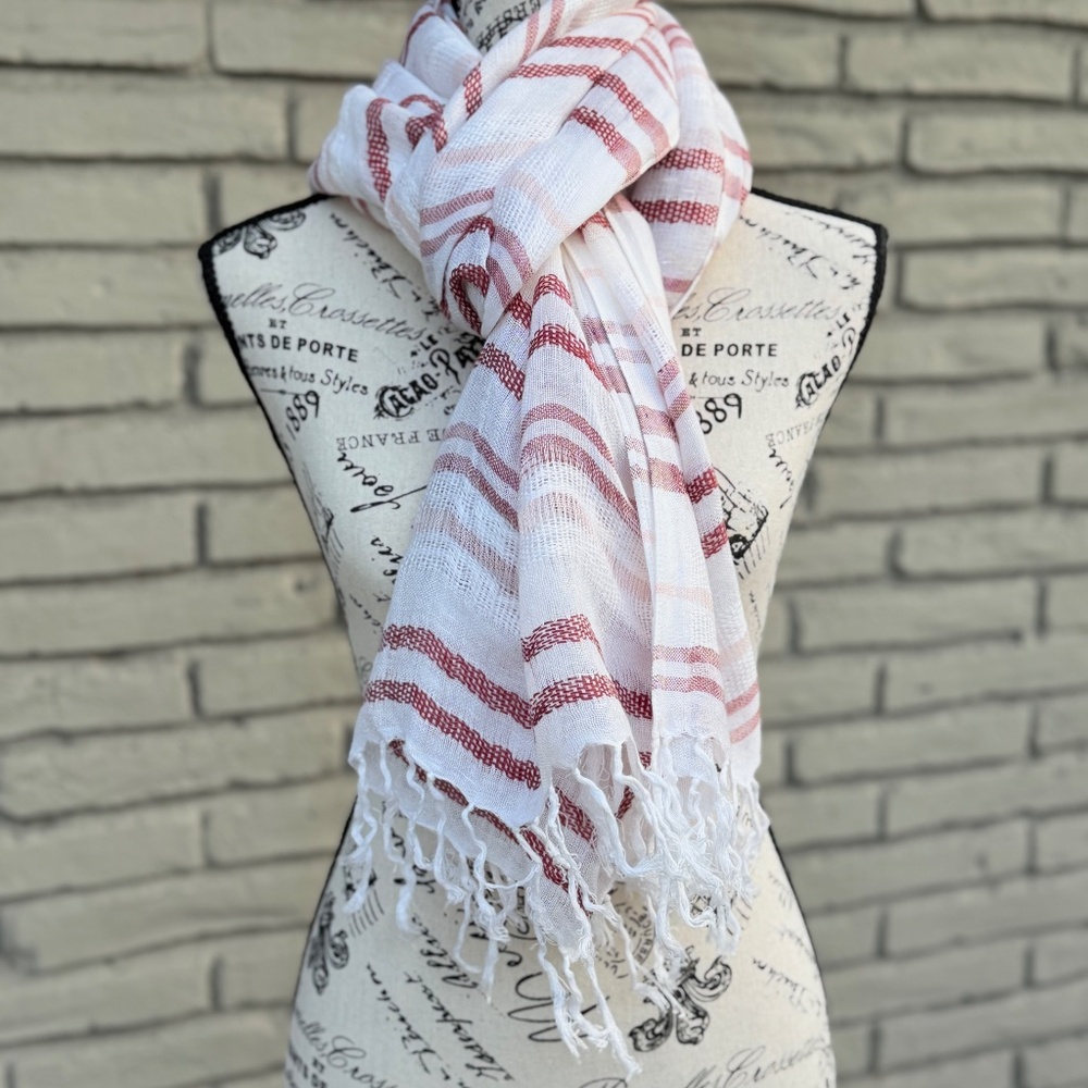 CASLON | White Linen Blend Scarf with Red and Pink Stripes